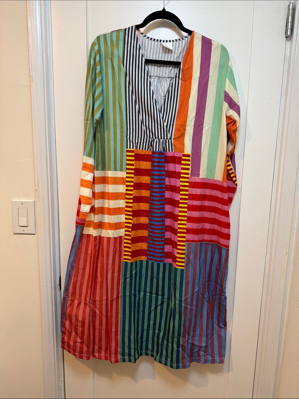 Multi-Stripe Long Sleeve Midi Dress - Colorful Stripe Print